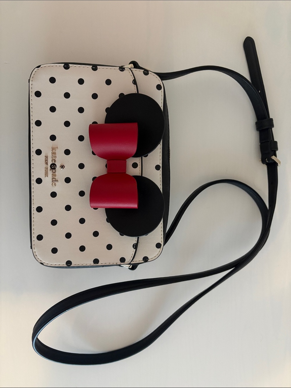 Kate Spade Minnie Mouse White Polka Dot Crossbody with Black Trim and Red Bow